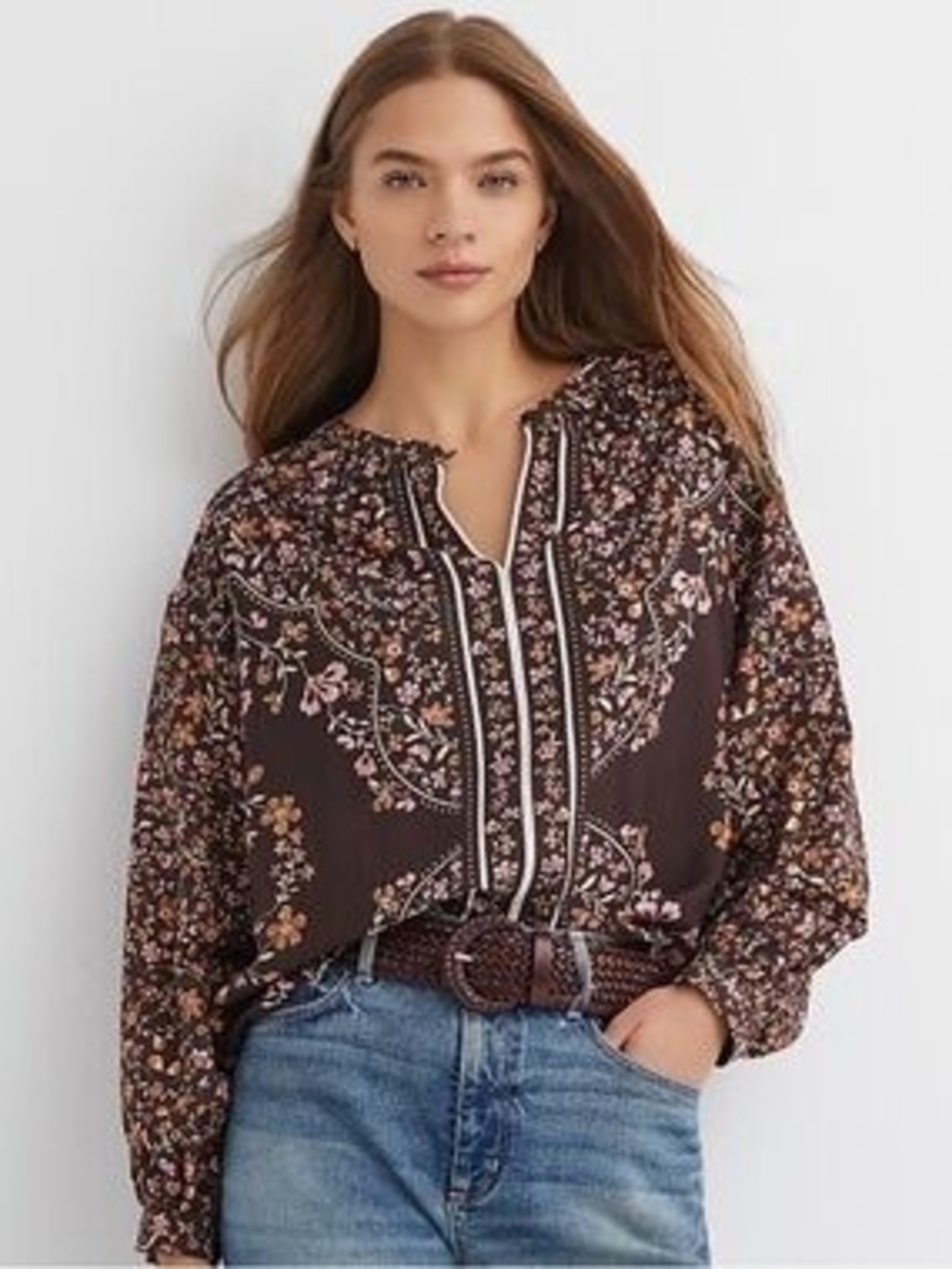 🔥🔥CLEARANCE ITEM🔥🔥 LOFT Brown Floral Split-Front Peasant Blouse. Medium